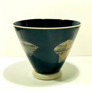 Vintage Rare Murano Hand Blown Art Glass Wide Vase Black With Design 6.5”-8”